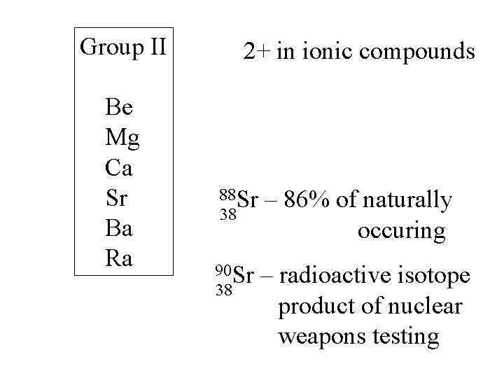 Group II Be Mg Ca Sr Ba Ra 2+ in ionic compounds 88 Sr