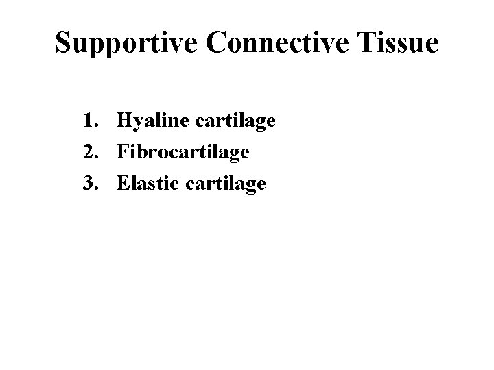 Supportive Connective Tissue 1. Hyaline cartilage 2. Fibrocartilage 3. Elastic cartilage 