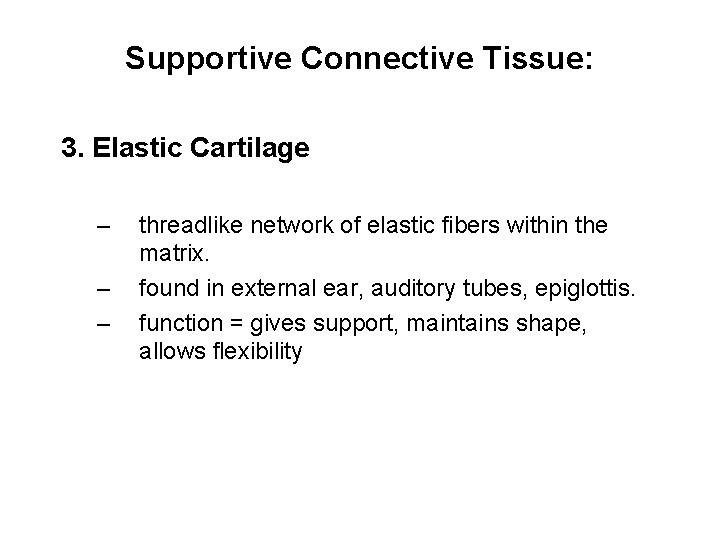 Supportive Connective Tissue: 3. Elastic Cartilage – – – threadlike network of elastic fibers