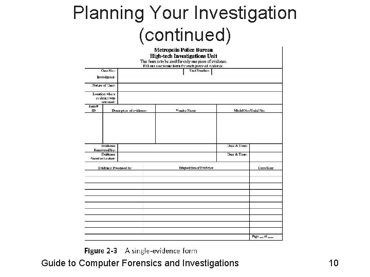 Planning Your Investigation (continued) Guide to Computer Forensics and Investigations 10 