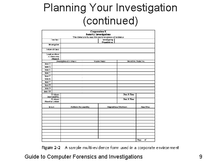 Planning Your Investigation (continued) Guide to Computer Forensics and Investigations 9 