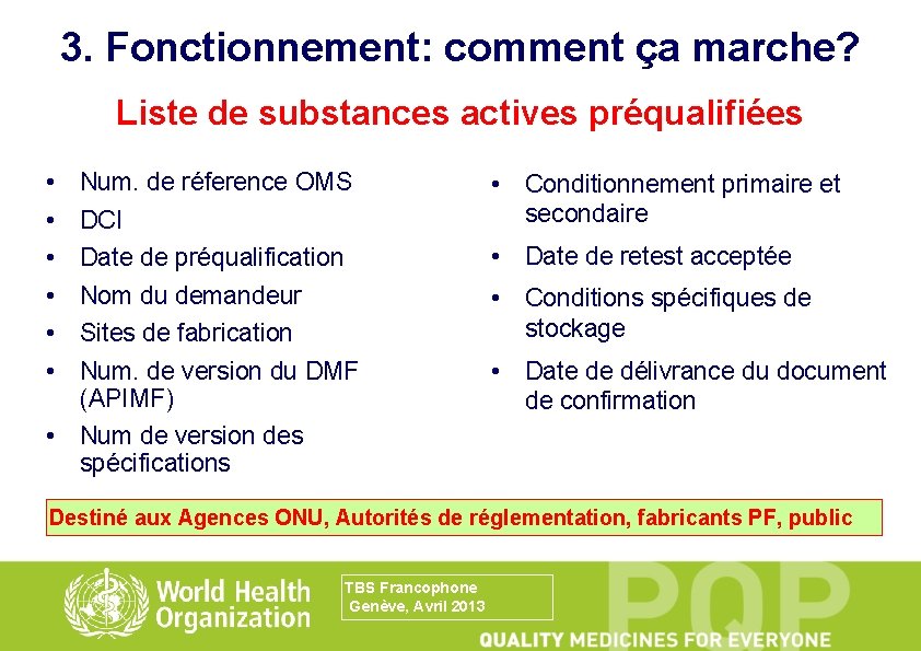 3. Fonctionnement: comment ça marche? Liste de substances actives préqualifiées • • • Num.