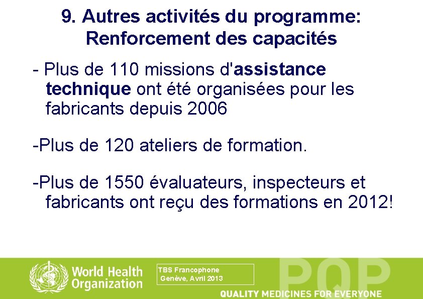 9. Autres activités du programme: Renforcement des capacités - Plus de 110 missions d'assistance