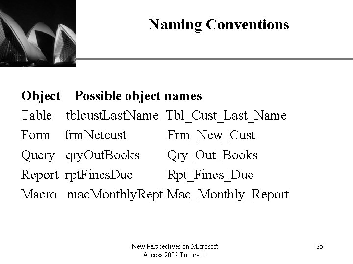 Naming Conventions XP Object Possible object names Table tblcust. Last. Name Tbl_Cust_Last_Name Form frm.