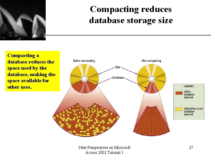 Compacting reduces database storage size XP Compacting a database reduces the space used by