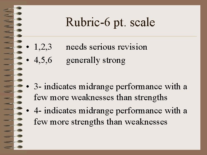 Rubric-6 pt. scale • 1, 2, 3 • 4, 5, 6 needs serious revision