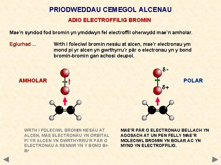 PRIODWEDDAU CEMEGOL ALCENAU ADIO ELECTROFFILIG BROMIN Mae’n syndod fod bromin yn ymddwyn fel electroffil