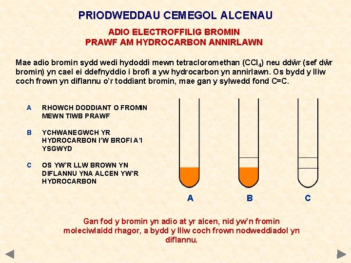 PRIODWEDDAU CEMEGOL ALCENAU ADIO ELECTROFFILIG BROMIN PRAWF AM HYDROCARBON ANNIRLAWN Mae adio bromin sydd