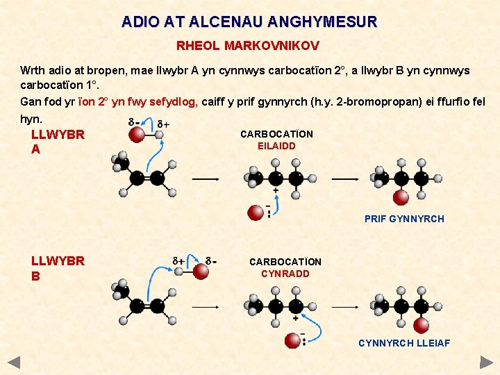 ADIO AT ALCENAU ANGHYMESUR RHEOL MARKOVNIKOV Wrth adio at bropen, mae llwybr A yn