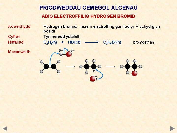 PRIODWEDDAU CEMEGOL ALCENAU ADIO ELECTROFFILIG HYDROGEN BROMID Adweithydd Cyflwr Hafaliad Mecanwaith Hydrogen bromid. .