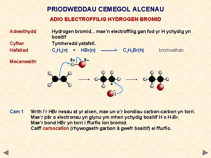 PRIODWEDDAU CEMEGOL ALCENAU ADIO ELECTROFFILIG HYDROGEN BROMID Adweithydd Cyflwr Hafaliad Hydrogen bromid. . .
