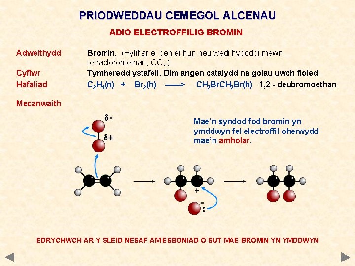 PRIODWEDDAU CEMEGOL ALCENAU ADIO ELECTROFFILIG BROMIN Adweithydd Cyflwr Hafaliad Bromin. (Hylif ar ei ben