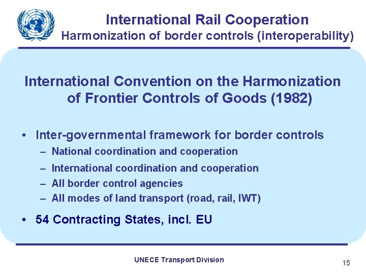 International Rail Cooperation Harmonization of border controls (interoperability) International Convention on the Harmonization of