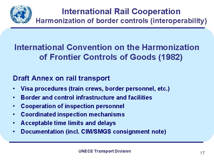 International Rail Cooperation Harmonization of border controls (interoperability) International Convention on the Harmonization of