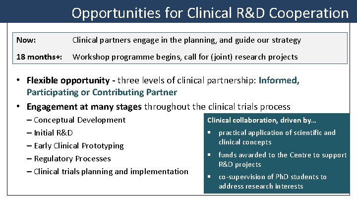 Opportunities for Clinical R&D Cooperation Now: Clinical partners engage in the planning, and guide