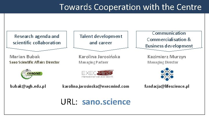 Towards Cooperation with the Centre Research agenda and scientific collaboration Marian Bubak Sano Scientific