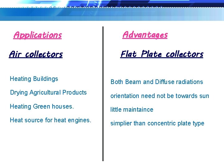Applications Air collectors Heating Buildings Drying Agricultural Products Heating Green houses. Heat source for