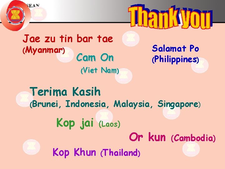 Jae zu tin bar tae (Myanmar) Salamat Po (Philippines) Cam On (Viet Nam) Terima Jae zu tin bar tae (Myanmar) Salamat Po (Philippines) Cam On (Viet Nam) Terima