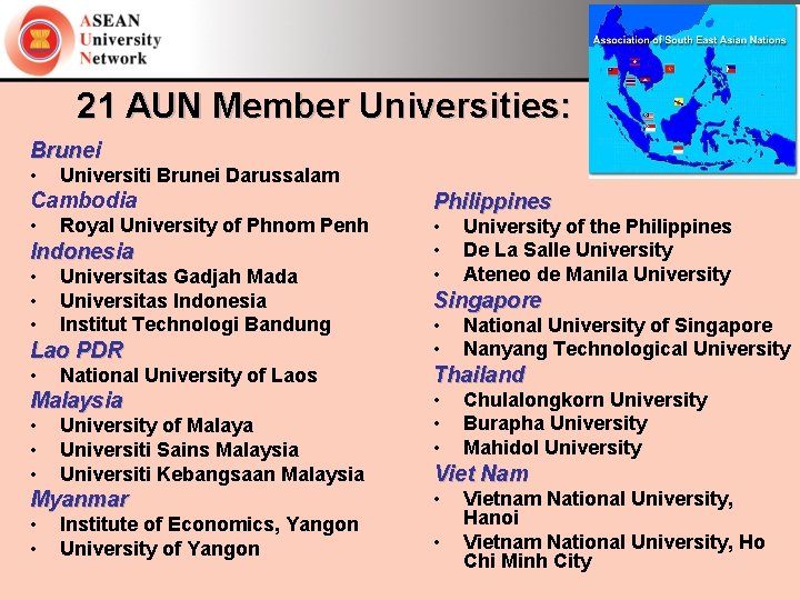 21 AUN Member Universities: Brunei • Universiti Brunei Darussalam Cambodia • Royal University of