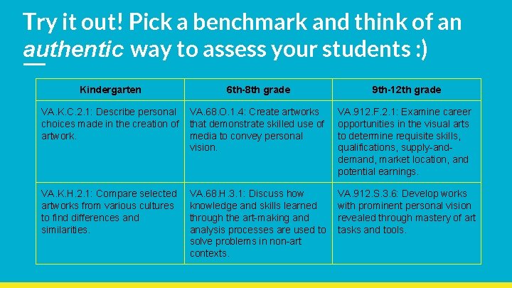 Try it out! Pick a benchmark and think of an authentic way to assess