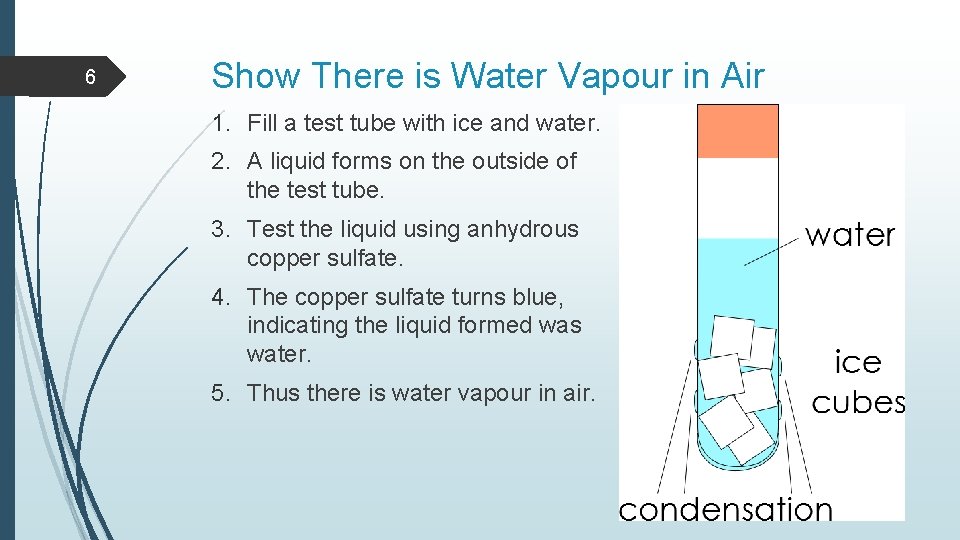 6 Show There is Water Vapour in Air 1. Fill a test tube with