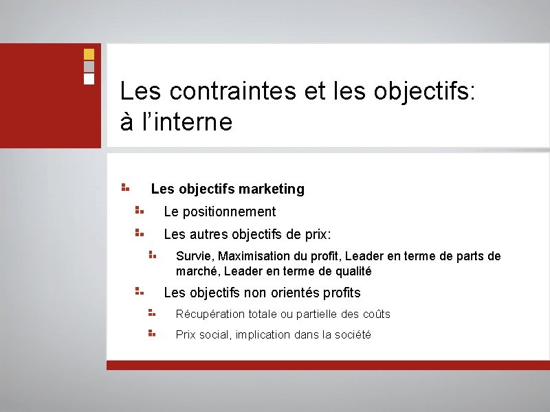 Les contraintes et les objectifs: à l’interne Les objectifs marketing Le positionnement Les autres