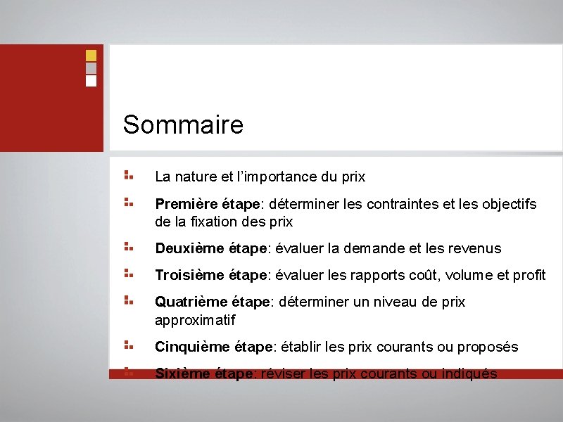 Sommaire La nature et l’importance du prix Première étape: déterminer les contraintes et les