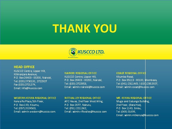 THANK YOU HEAD OFFICE KUSCCO Centre, Upper Hill, Kilimanjaro Avenue, P. O. Box 28403