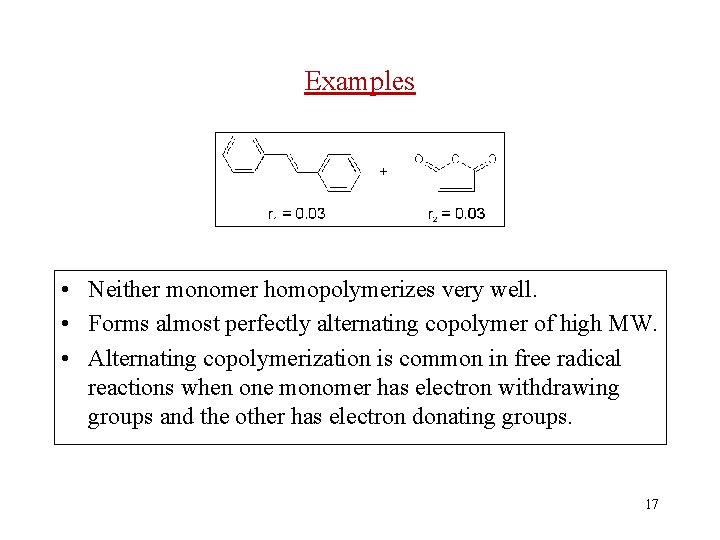 Examples • Neither monomer homopolymerizes very well. • Forms almost perfectly alternating copolymer of