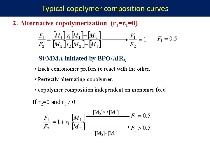 Typical copolymer composition curves 2. Alternative copolymerization (r 1=r 2=0) St/MMA initiated by BPO/Al.