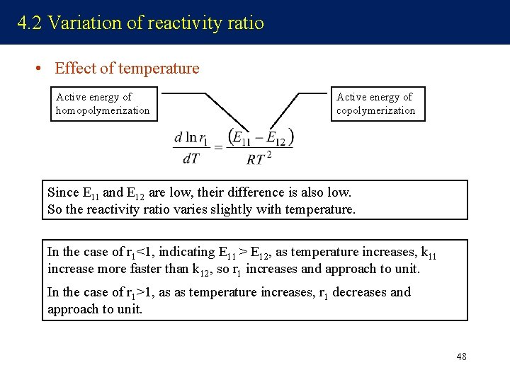 4. 2 Variation of reactivity ratio • Effect of temperature Active energy of homopolymerization