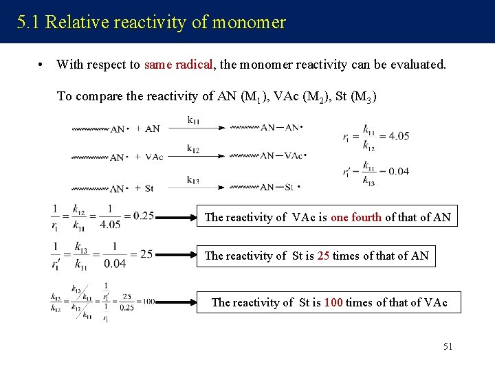 5. 1 Relative reactivity of monomer • With respect to same radical, the monomer