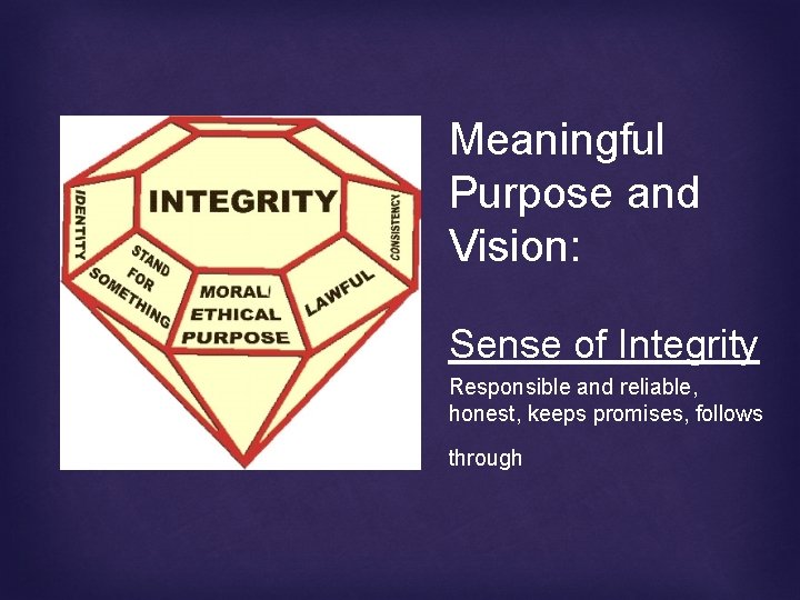 Meaningful Purpose and Vision: Sense of Integrity Responsible and reliable, honest, keeps promises, follows