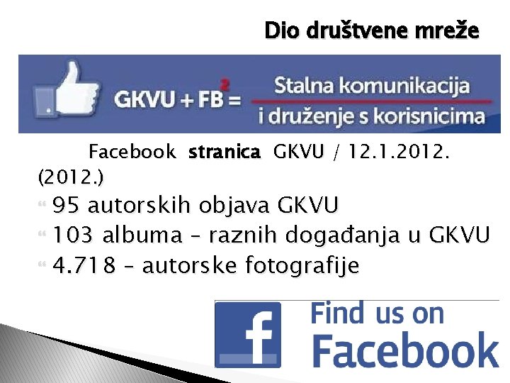 Dio društvene mreže Facebook stranica GKVU / 12. 1. 2012. (2012. ) 95 autorskih