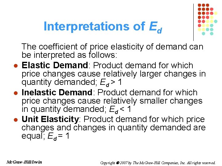 Interpretations of Ed l l l The coefficient of price elasticity of demand can