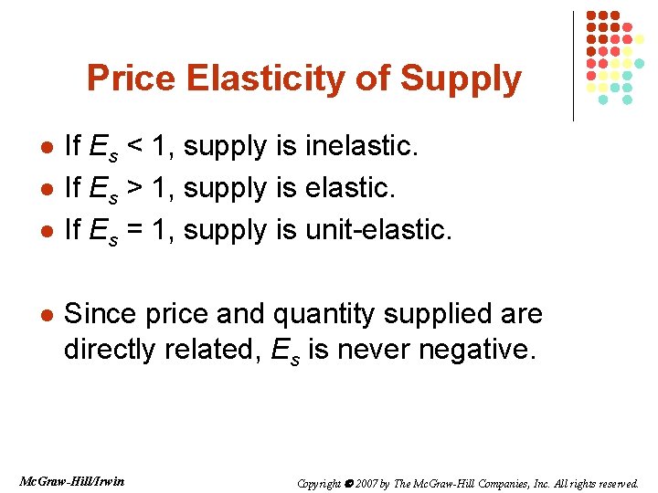 Price Elasticity of Supply l l If Es < 1, supply is inelastic. If