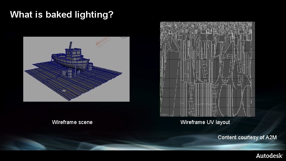 What is baked lighting? Wireframe scene Wireframe UV layout Content courtesy of A 2