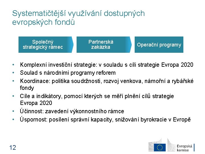 Systematičtější využívání dostupných evropských fondů Společný strategický rámec Partnerská zakázka Operační programy • Komplexní