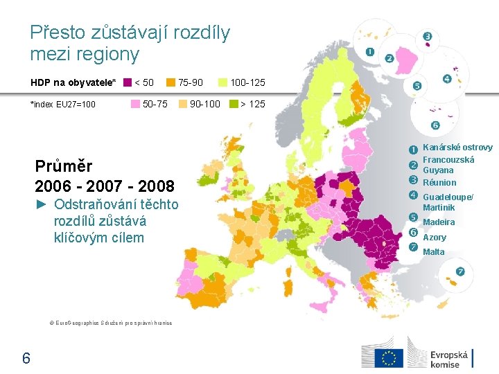 Přesto zůstávají rozdíly mezi regiony HDP na obyvatele* *index EU 27=100 < 50 75