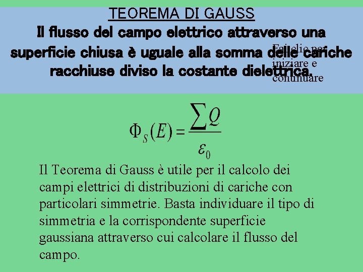 TEOREMA DI GAUSS Il flusso del campo elettrico attraverso una Fai cliccariche per superficie