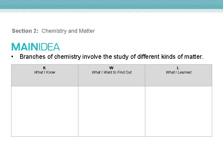 Section 2: Chemistry and Matter • Branches of chemistry involve the study of different