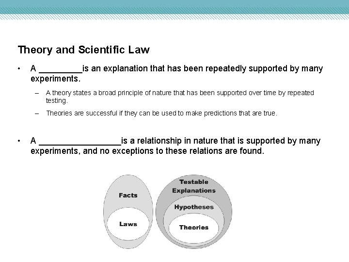 Theory and Scientific Law • A _____is an explanation that has been repeatedly supported