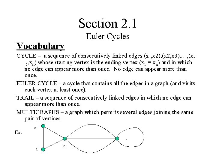 Section 2. 1 Vocabulary Euler Cycles CYCLE – a sequence of consecutively linked edges