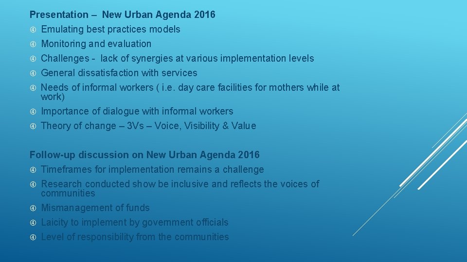 Presentation – New Urban Agenda 2016 Emulating best practices models Monitoring and evaluation Challenges