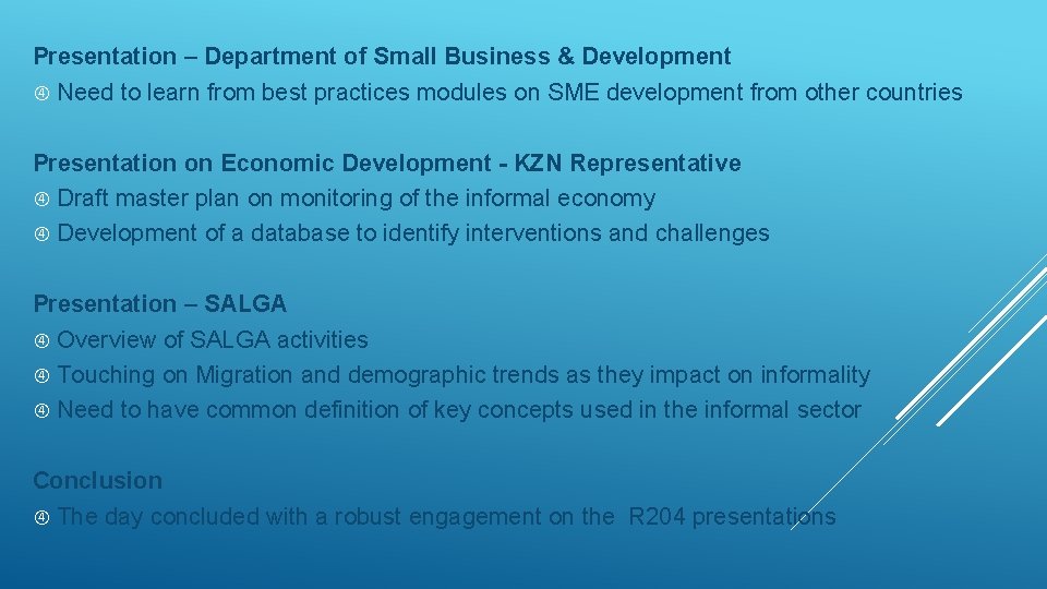 Presentation – Department of Small Business & Development Need to learn from best practices