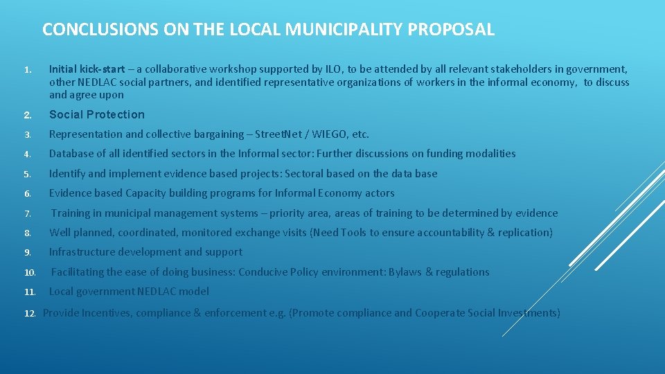 CONCLUSIONS ON THE LOCAL MUNICIPALITY PROPOSAL 1. Initial kick-start – a collaborative workshop supported