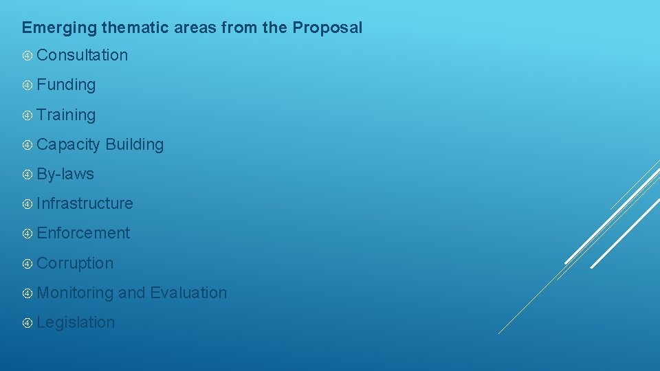 Emerging thematic areas from the Proposal Consultation Funding Training Capacity Building By-laws Infrastructure Enforcement