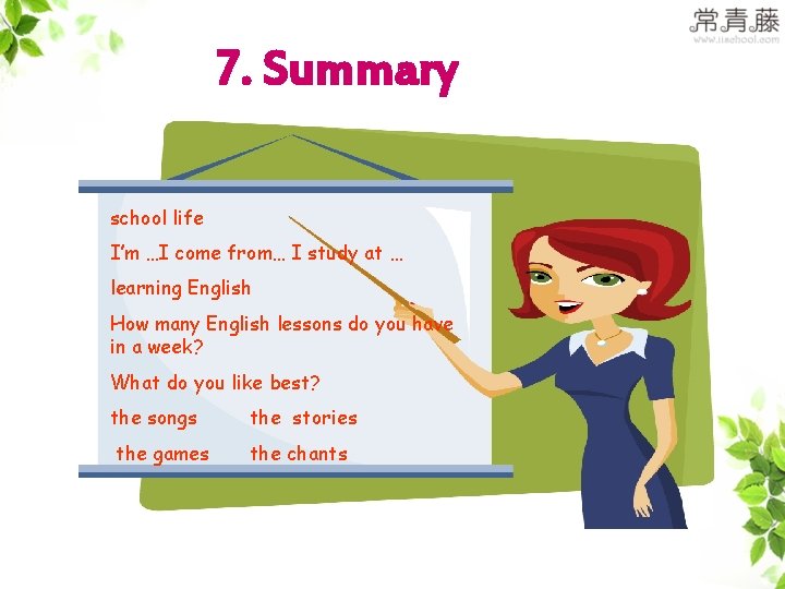 7. Summary school life I’m …I come from… I study at … learning English