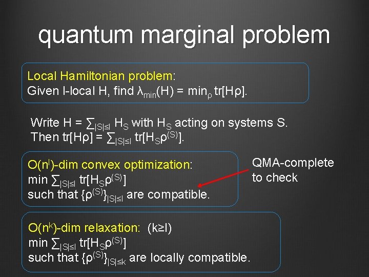 quantum marginal problem Local Hamiltonian problem: Given l-local H, find λmin(H) = minρ tr[Hρ].