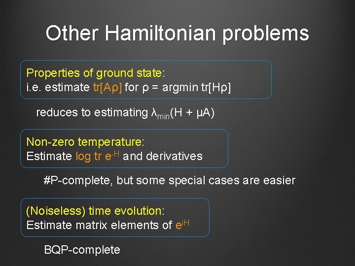 Other Hamiltonian problems Properties of ground state: i. e. estimate tr[Aρ] for ρ =